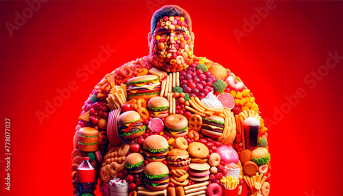 A man composed of various fast foods against a red background, illustrating the concept of an unhealthy diet. Generative AI