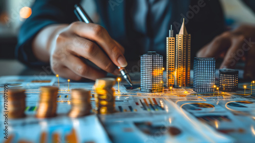 Close up of businessman hand drawing city model and coins on desk in office.