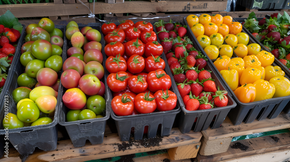 Fresh fruits and vegetables in plastic boxes on a market stall in France Fresh fruits and vegetables in plastic boxes on a market stall in France