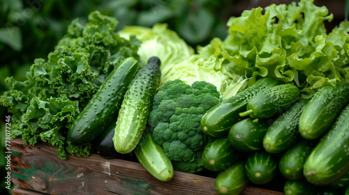 Variety of fresh green vegetables in a wooden crate. Selective focus.