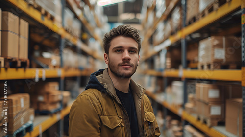 Portrait of handsome young man standing in warehouse. This is a freight transportation and distribution warehouse. Industrial and industrial workers concept