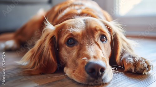 Cute welsh springer spaniel dog lying on the floor