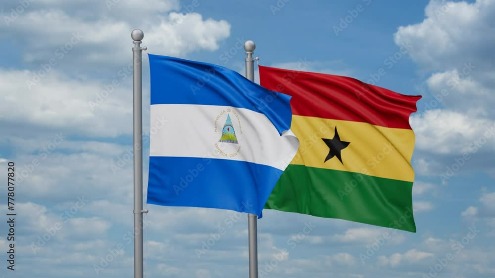 Ghana and Nicaragua two flags waving together, looped video, two country relations concept Ghana and Nicaragua two flags waving together, looped video, two country relations concept