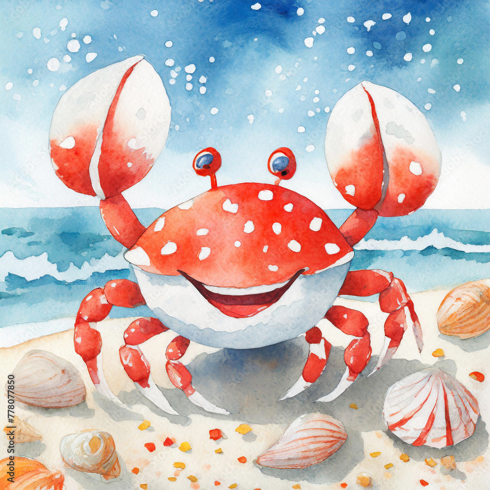 Φωτογραφία Namalowany uśmiechnięty czerwony krab na plaży ilustracja
