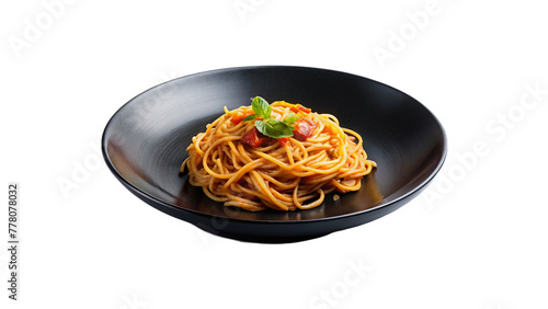 A plate of spaghetti topped with colorful vegetables on transparent background.
