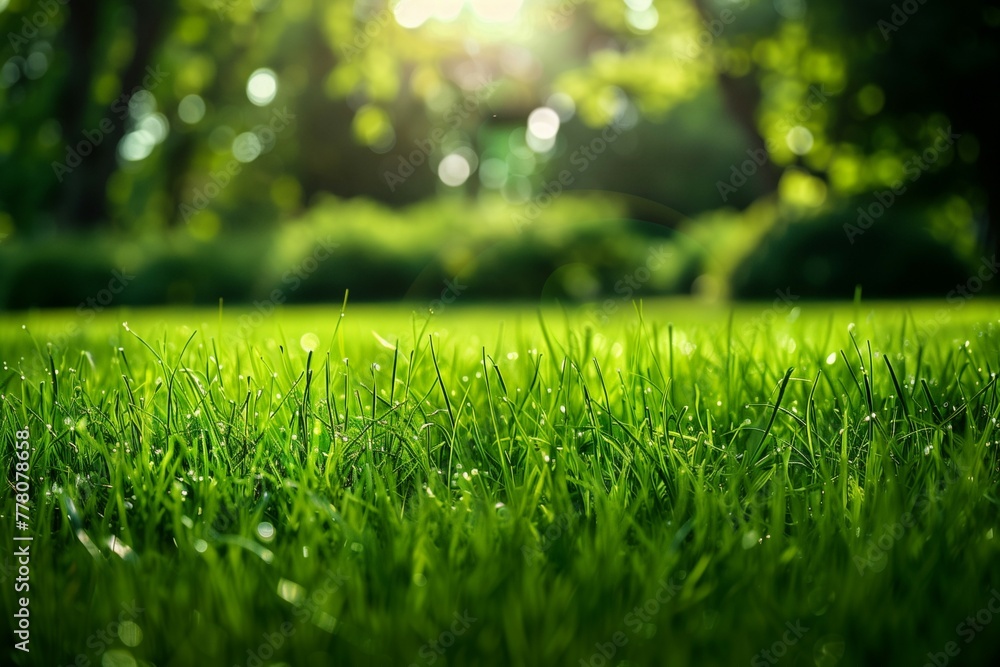 A close up of a green grass field with trees in the background