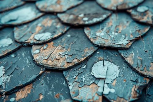 A close up of a wooden roof with paint peeling off of it