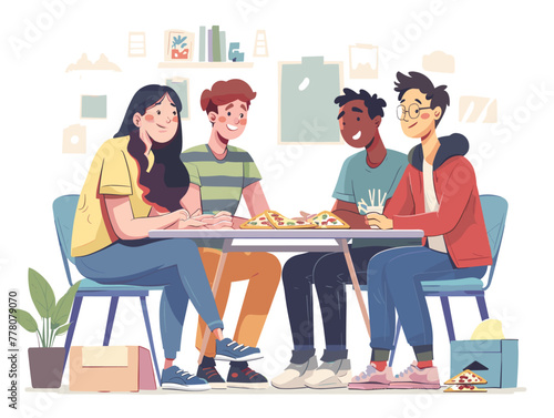 gaming friends, immersed in a competitive boardgame night, surrounded by pizza boxes