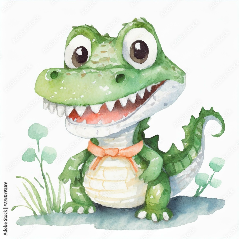 Namalowany bajkowy uśmiechnięty krokodyl ilustracja - obrazy, fototapety, plakaty 