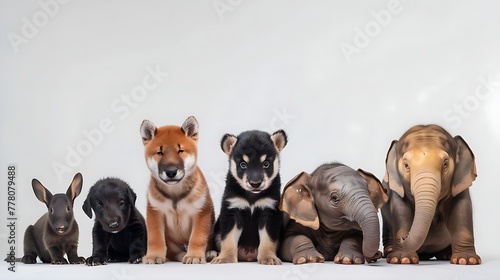 adorable lineup: baby bunny, puppies, and elephants in a row photo