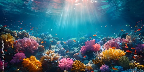 Vibrant Underwater Coral Reef Ecosystem Bathed in Soft Sunlight Rays Showcasing a Colorful Marine Paradise © Thares2020
