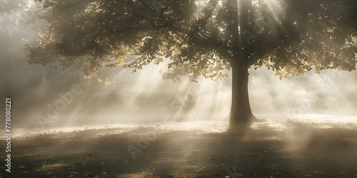 Ethereal Sunbeams Filtering Through Misty Forest Canopy Casting Mesmerizing Patterns on the Ground