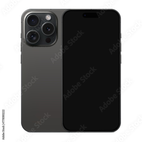new frameless smartphone grey color with black screen saver, front and backside view, isolated on white background. mockup of realistic and detailed mobile phone with shadow. vector illustration
