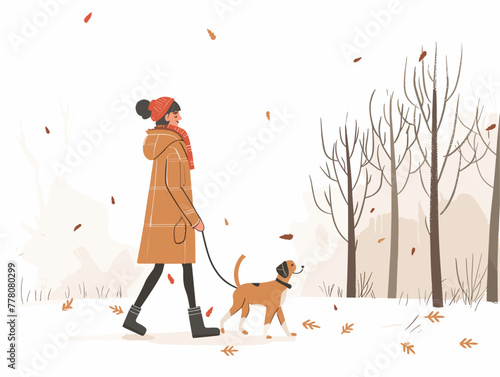 dog walking with owner in animated park scene