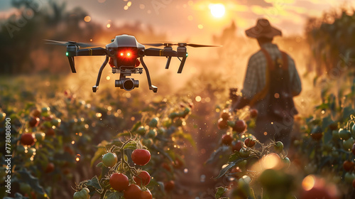 High-tech drone spraying crops a modern farm scenesmart farm concept wite twilight sky background. photo