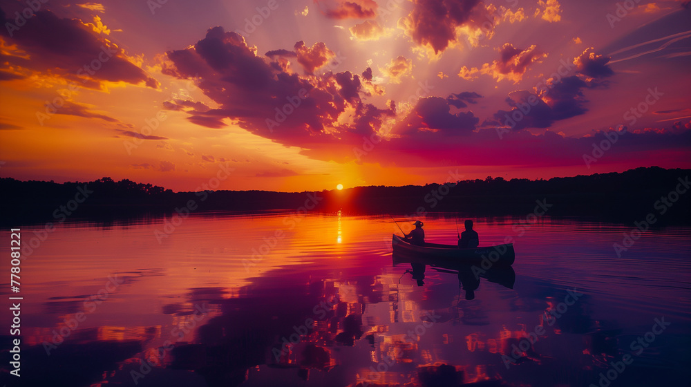 A vivid summer lake scene at sunset. Silhouettes of people fishing from the shore, a canoe gently floating on the glassy water reflecting the spectacular sky, Generative AI