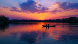 A vivid summer lake scene at sunset. Silhouettes of people fishing from the shore, a canoe gently floating on the glassy water reflecting the spectacular sky, Generative AI