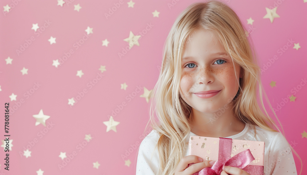 Girl holding gifts in her hand, smiling
Girl holding gifts in her hand, smiling
