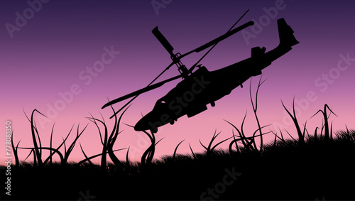 military helicopter on the battlefield, flat color illustration
