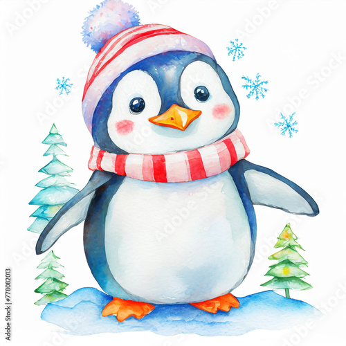 Namalowany pingwin w czapce i szaliku ilustracja