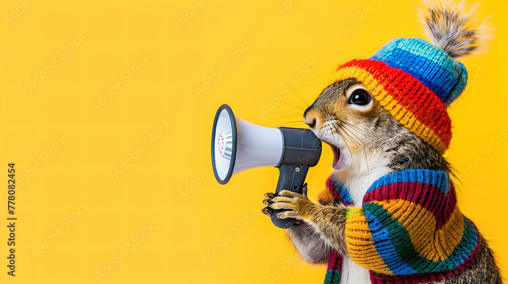 Fototapeta premium Squirrel announcing using megaphone. Notifying, warning, announcement.