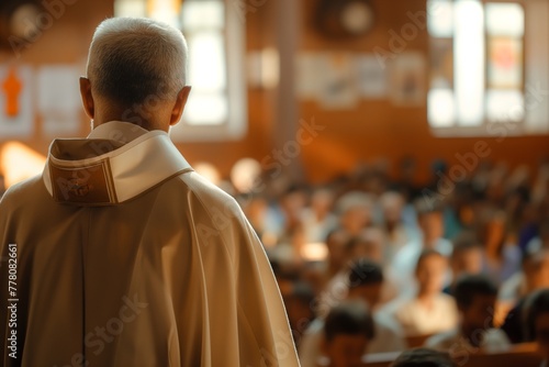 A pastor, preacher or priest stands in front of the faithful parishioners in the church, inspiringly reading a sermon, sharing spiritual thoughts and guiding them on a spiritual path photo