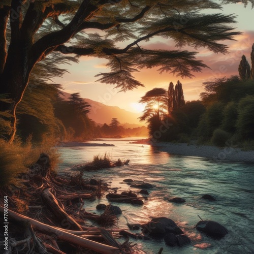A river, trees, and a sunset near the riverbank
