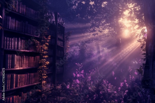 In a dark fairy-tale forest, among the golden rays of the sun breaking through the branches of trees, there is a shelf full of books, creating an atmosphere of mystery and mystery