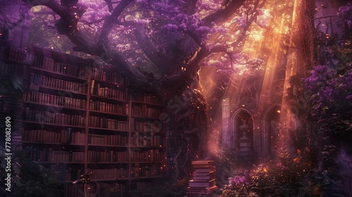 In a dark fairy-tale forest, among the golden rays of the sun breaking through the branches of trees, there is a shelf full of books, creating an atmosphere of mystery and mystery