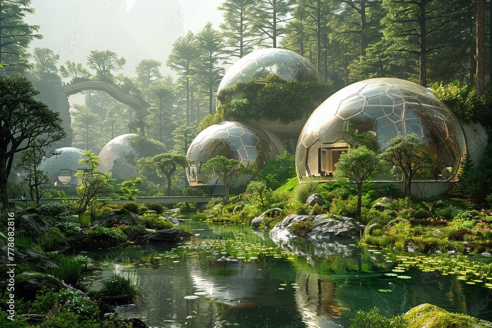 Space habitat with bio dome forests and artificial rivers