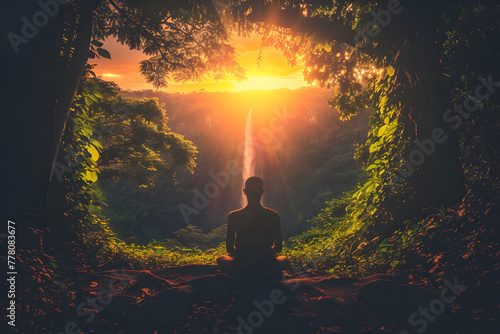 Buddhist monk meditating in the jungle at sunset