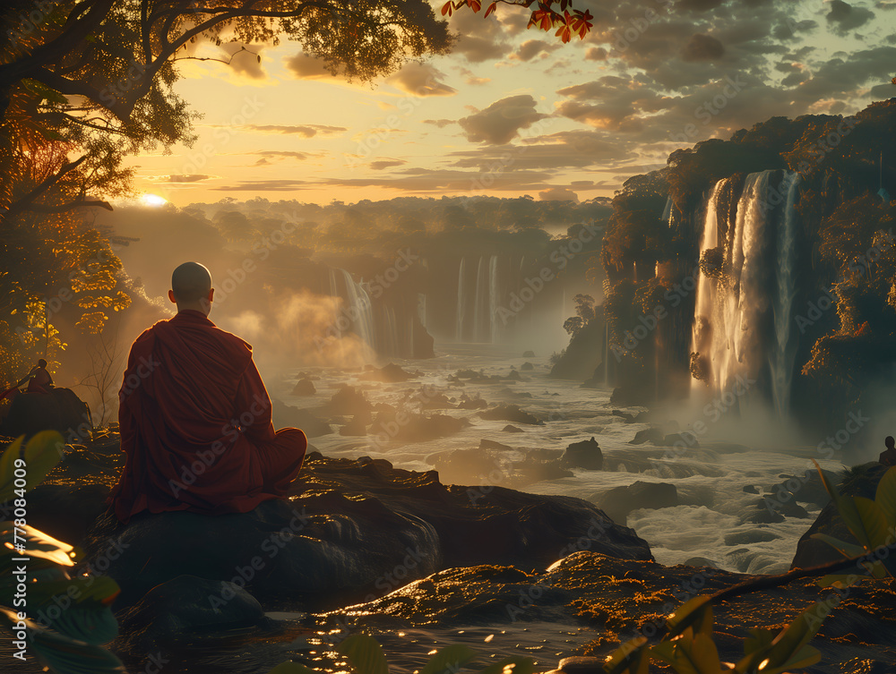 Buddhist monk meditating near a waterfall and lake during a beautiful sunset or sunrise