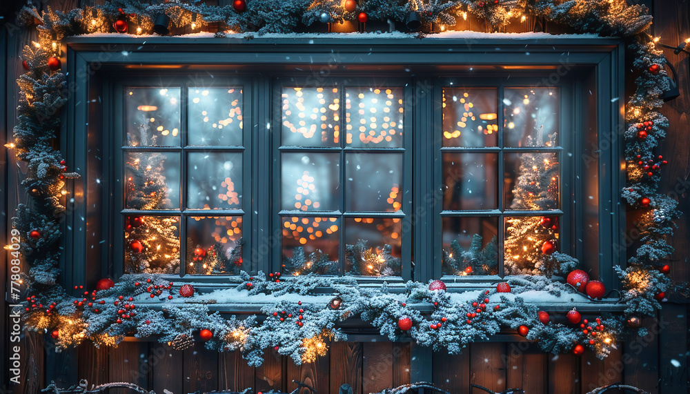 Window in the winter. A huge foggy and snow-covered window with Christmas decorations in it. Christmas elements.