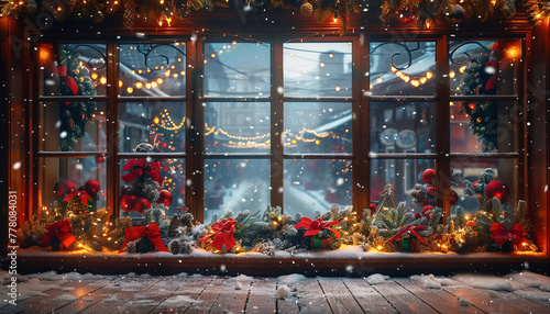 Christmas tree in front of the window. Window in the winter. A huge foggy and snow-covered window with Christmas decorations in it. Christmas elements. © michalsen