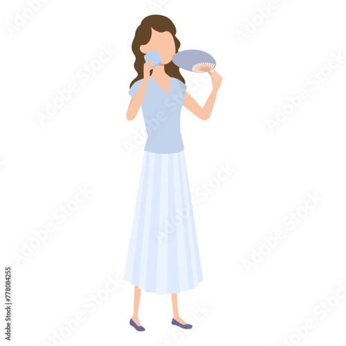 うちわを持って汗をふく女性のイラスト