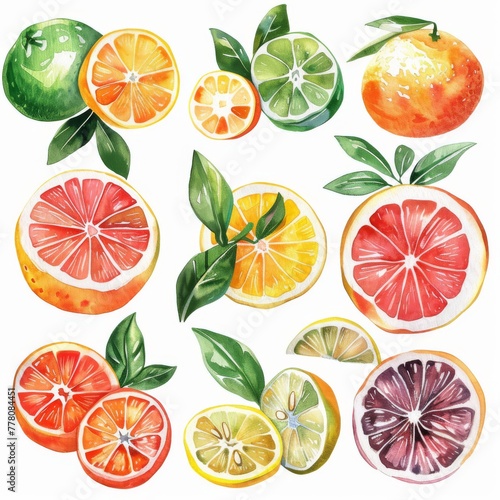 Brightly colored citrus fruits watercolor clipart set, professional and clean, white background
