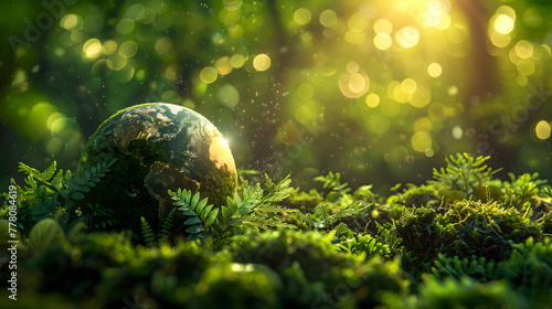 An image of a green globe in the forest, symbolizing Earth Day and environmental conservation. photo