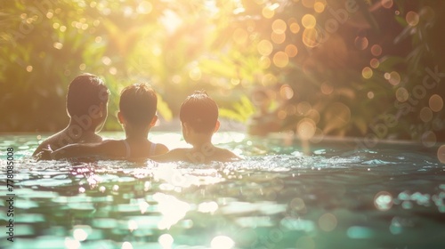 A family enjoying a swim in the water on a sunny day