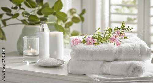 A neat pile of fluffy white spa towels stacked on a wooden table