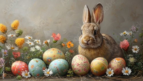 A cute Easter bunny surrounded by colorful eggs and flowers