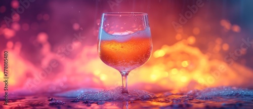 a close up of a wine glass on a table with a blurry background of fire and water in the background.