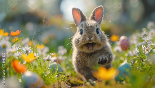 Cute Easter bunny running in the meadow with colorful eggs
