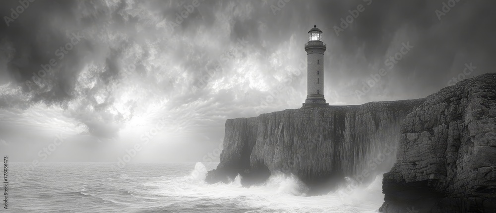 a black and white photo of a lighthouse on the edge of a cliff with waves crashing in front of it.