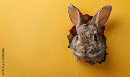 Easter banner with hole in yellow paper background and cute rabbit head sticking out
