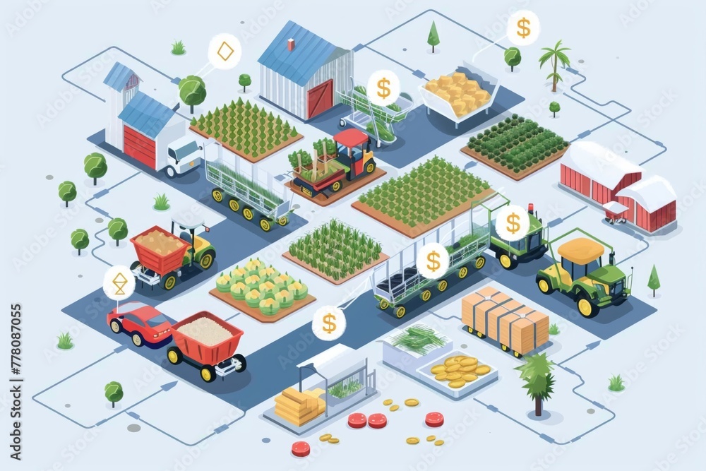 Supply chain of farm products from field to table illustrateds with blockchain links connecting each step