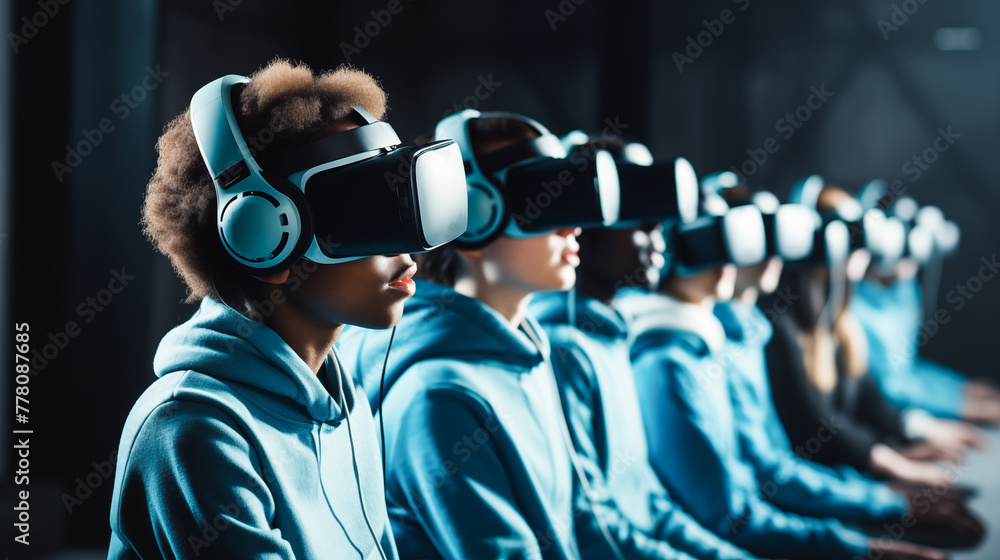 Multicultural schoolchildren using virtual reality headsets. School children wearing VR virtual reality headsets in a classroom. Education and technology - obrazy, fototapety, plakaty 