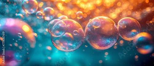 a group of soap bubbles floating on top of a blue and yellow background with a lot of bubbles floating on top of it.