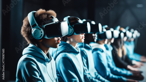 Multicultural schoolchildren using virtual reality headsets. School children wearing VR virtual reality headsets in a classroom. Education and technology photo
