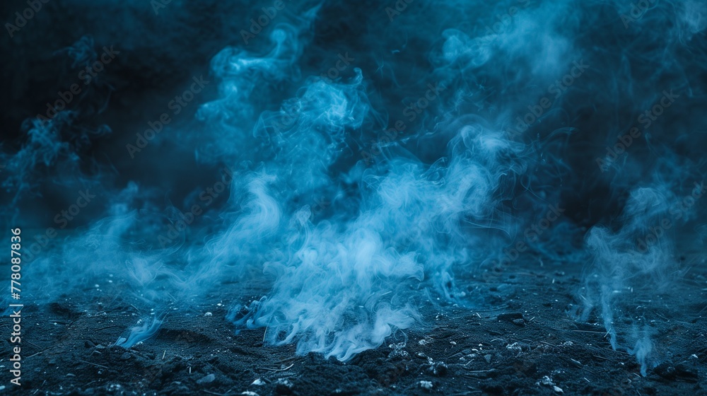 Ethereal blue smoke rising gently against a dark backdrop, creating a mystical and magical effect. mystery and can be used to enhance spooky or fantasy-themed designs