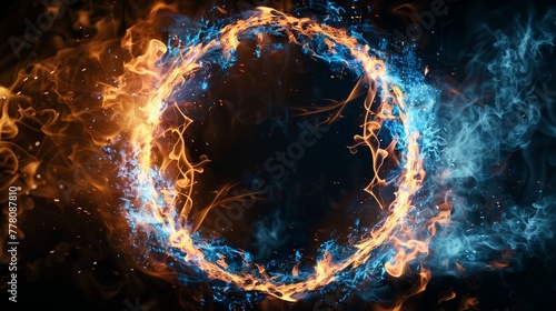 Abstract design of a fiery ring with blue and orange flames. Dynamic motion effect with sparks on a black background, suitable for circus or inferno themed templates, backgrounds, and frames.